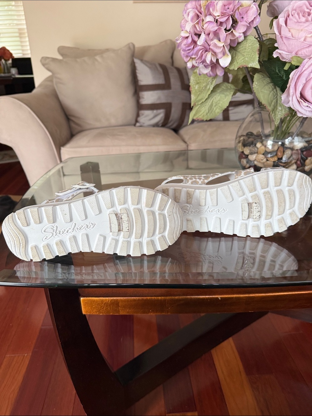 Skechers Women’s White and Beige Leopard Print Sandals - Picture 5 of 6